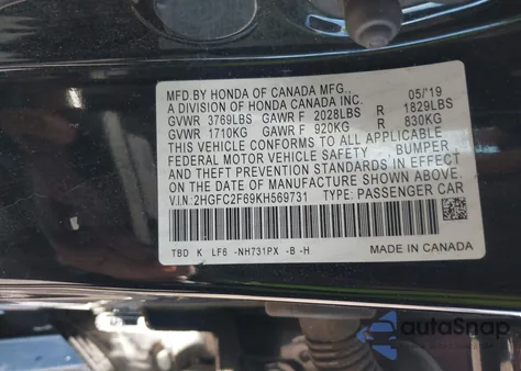 2019 Honda Civic Lx z USA, uszkodzony, nr VIN 2HGFC2F69KH569731